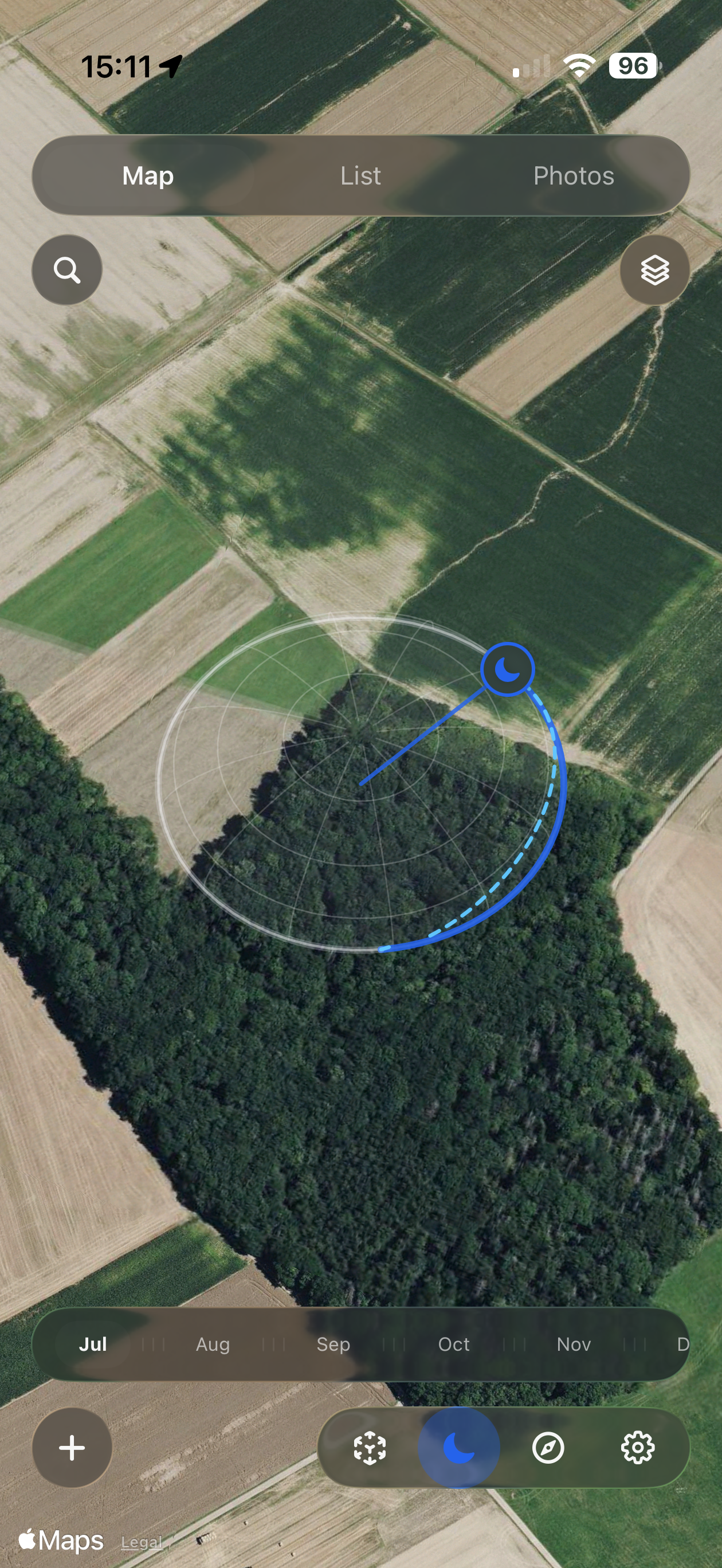 LensTrails map showing the moon path around a saved shooting location