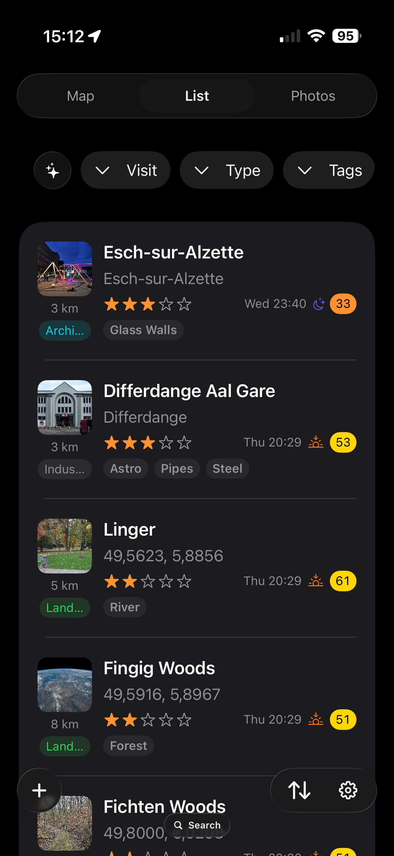 LensTrails list view with saved photo locations, filters, and shoot scores