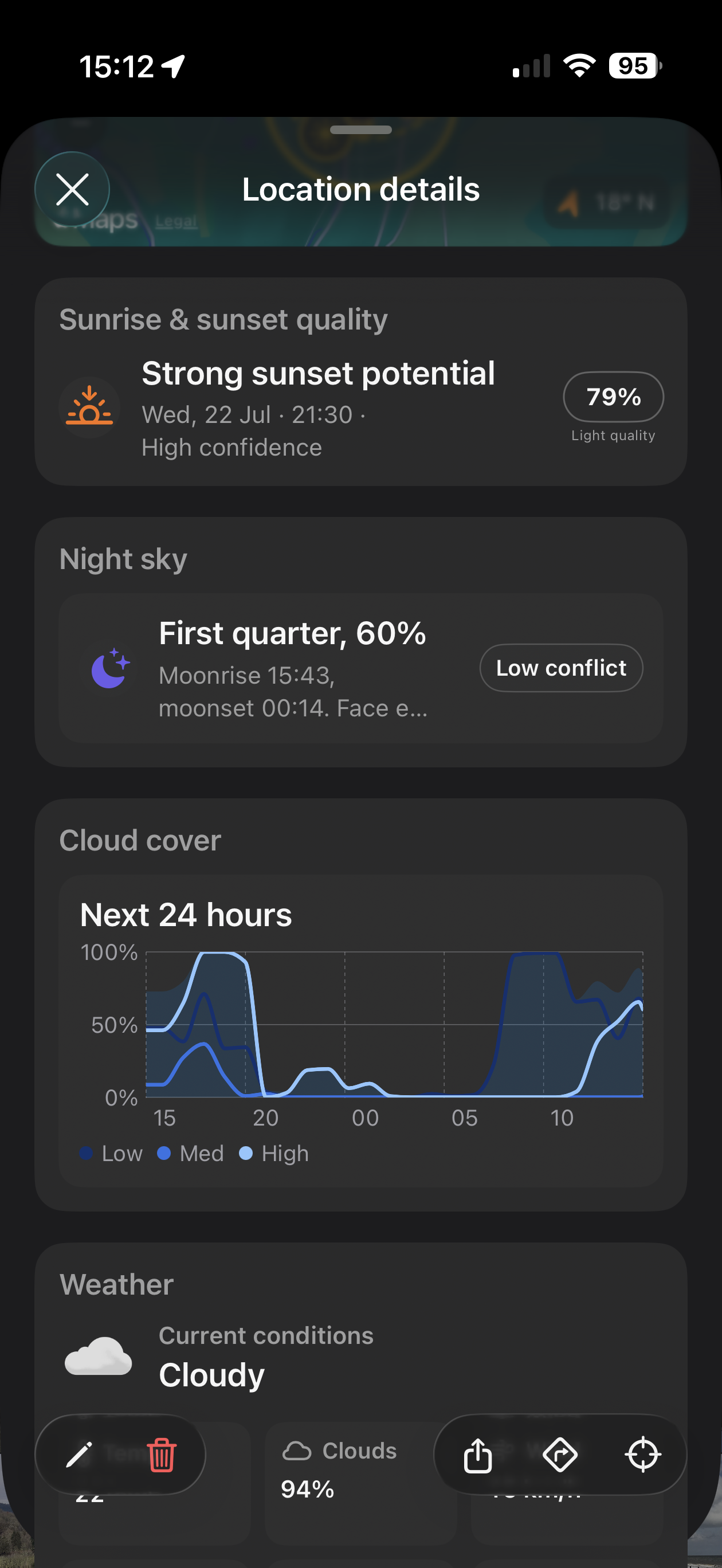Location brief combining light quality, night sky, cloud cover, and weather