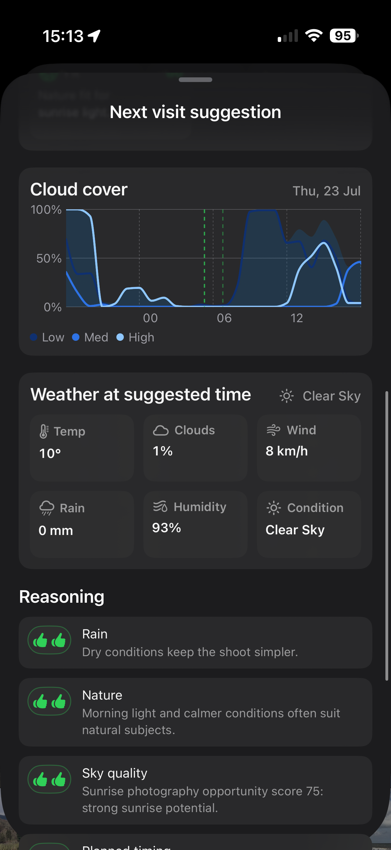 Suggested-time cloud cover, weather, and recommendation reasoning