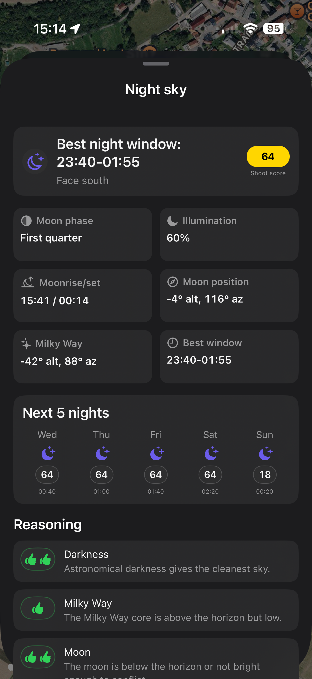 LensTrails night-sky recommendation with moon, Milky Way, darkness window, and five-night scores