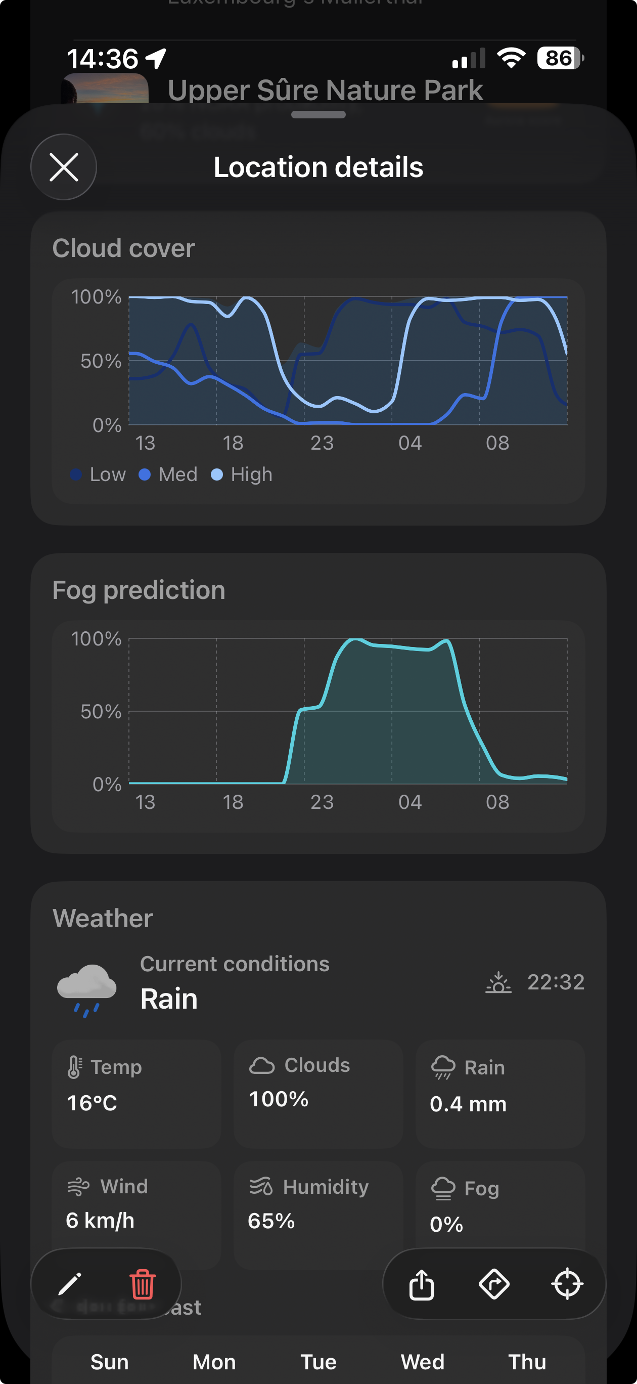 LensTrails location details with hourly fog probability, cloud cover, and weather conditions