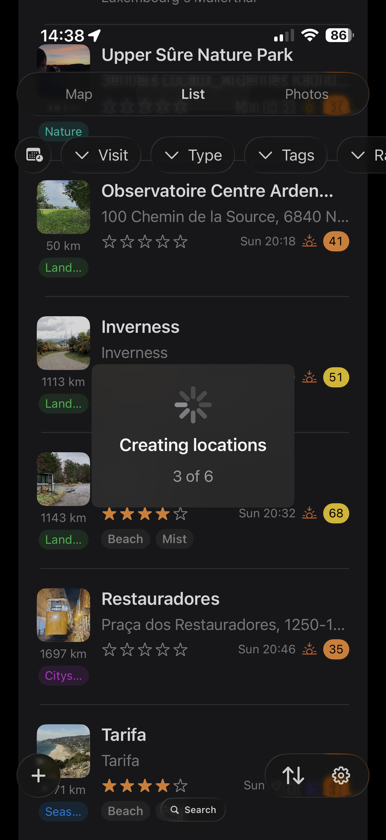 LensTrails creating six organized photography locations from a multi-photo camera-roll import