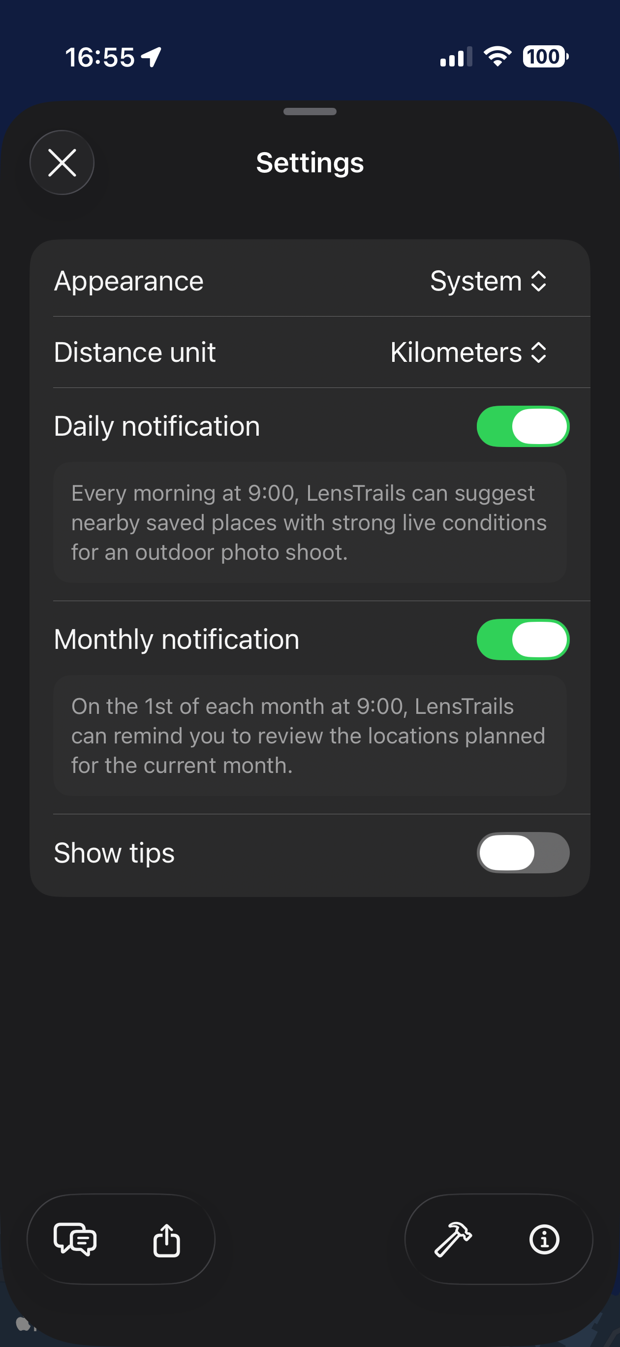Settings screen