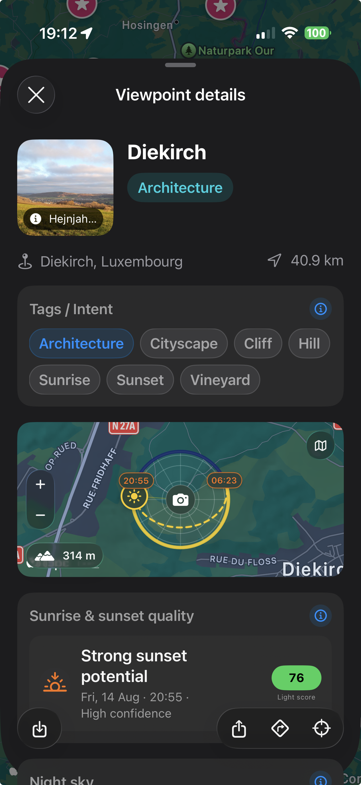 Viewpoint details with tags, sun timing, and shoot planning context