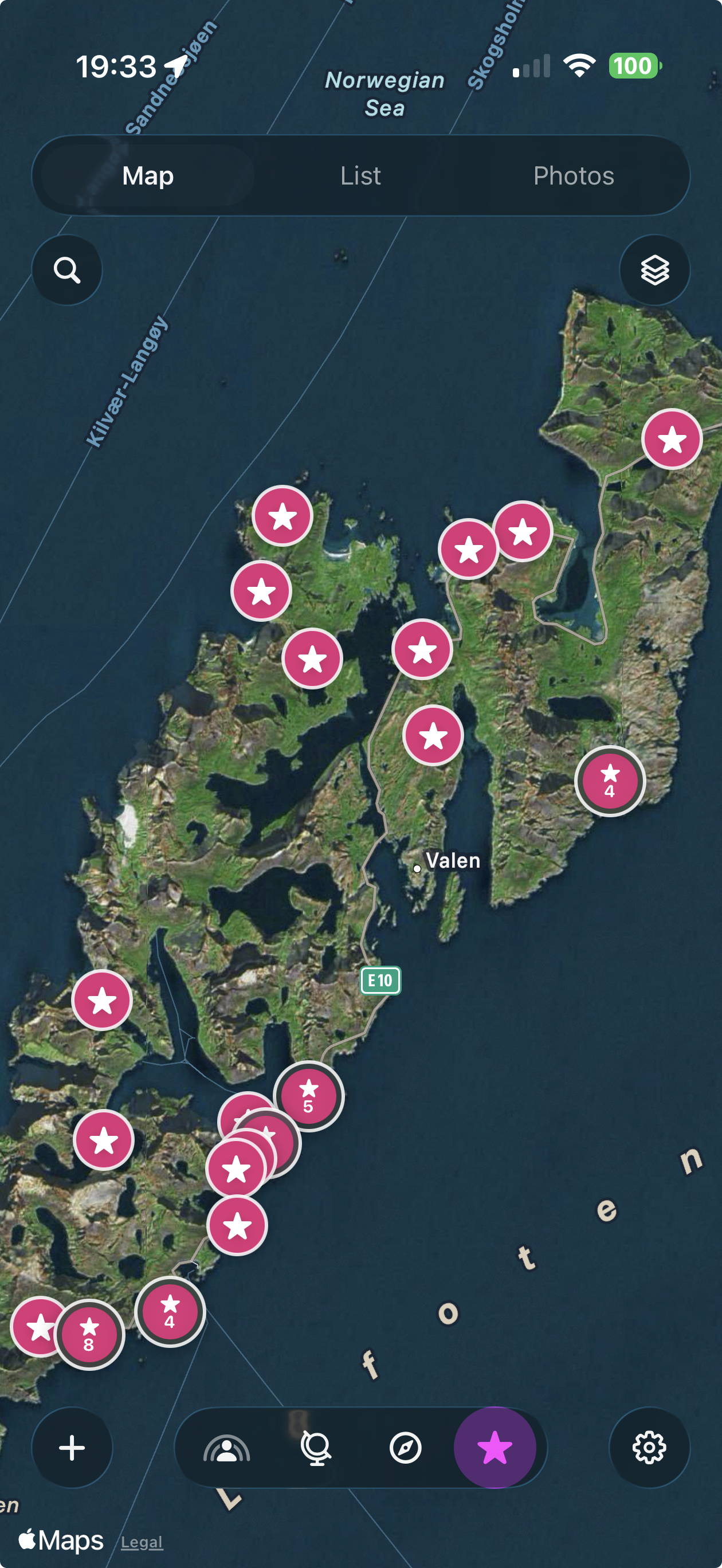 Satellite map view with saved viewpoints across a coastal landscape