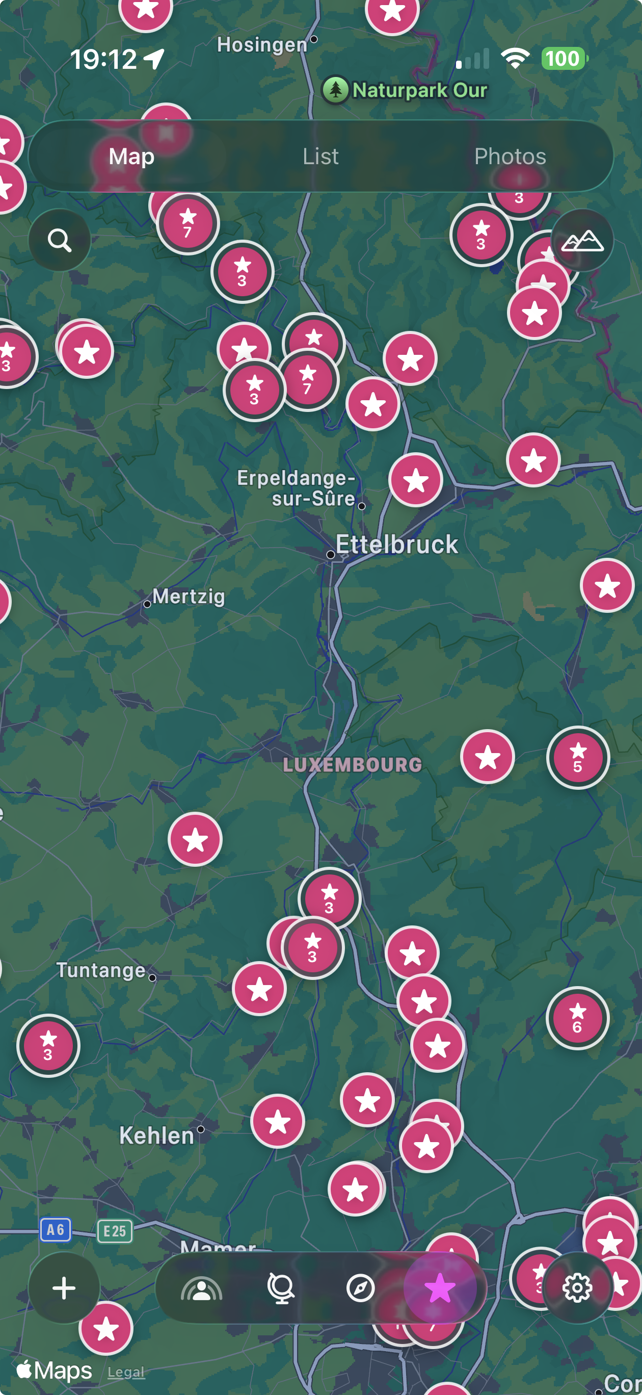 Map view with clustered viewpoints across Luxembourg